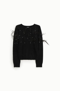 Maglione girocollo con piume applicate e perline